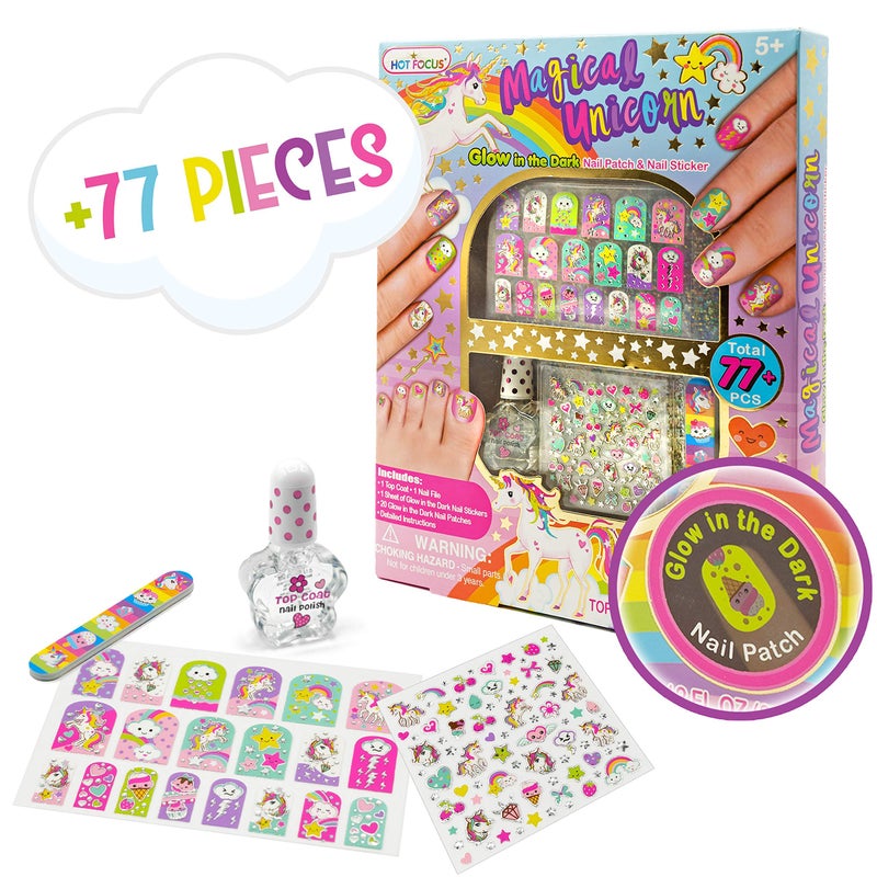 Hot Focus Unicorn Nail Kit â€“ Kids Nail Polish Set for Girls Ages 5 6 7-12 with 77+ Pieces, Spa Kit, Nail Art Decoration Set, Glow-in-the-dark, Stickers, and Water-Based Polish - Girls' Nail Kit. - Image 2